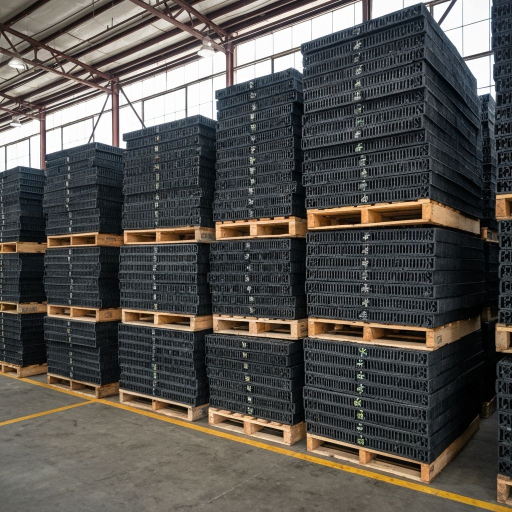 Warehouse full of stacked rubber mats on pallets